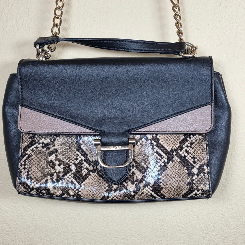 Nine West Black Taupe Snakeskin print Crossbody Bag Gold Chain Strap Flap Purse